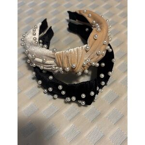 Elegant Pearl-Embellished Headbands - Black and Tan